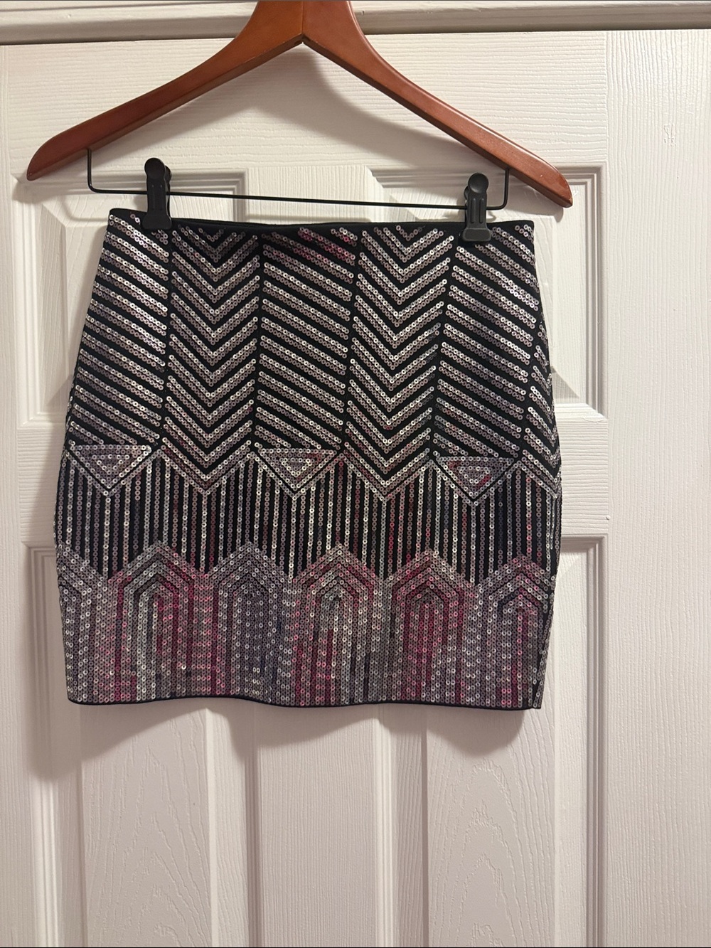 Express Black and Silver Sequin Chevron Mini Skirt